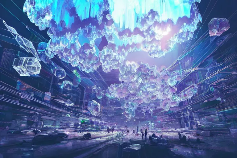 Prompt: simplicity, a huge flock of many ornate translucent puffy filigreed clouds tangled into large whirling ultra detailed crystal specimens, cyberpunk environment, playful, award winning art, epic dreamlike fantasy landscape, ultra realistic,