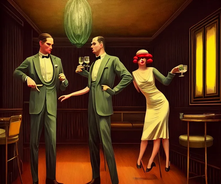 Prompt: a beautiful classy partying couple, dimly lit upscale 1920s speakeasy, relaxed pose, art deco, detailed painterly digital art style by Vincent Di Fate, retro vibe, 🍸, 8k octane beautifully detailed render, post-processing, extremely hyperdetailed, intricate, epic composition, grim yet sparkling atmosphere, cinematic lighting + masterpiece, trending on artstation, very detailed, vibrant colors, Art Nouveau, masterpiece, romanticism