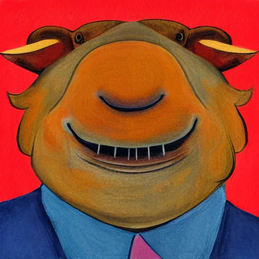 Image similar to abstract art of a well dressed capybara, profile view, wearing a suit laughing showing big teeth, in the style of tracie grimwood