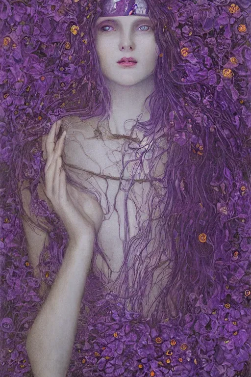 Image similar to portrait of beautiful gothic young mainem, more thunderstorm, cyber armor, a lot of scars, more and more flowers, purple head, the middle ages, highly detailed, artstation, illustration, art by jean delville, 8 k quality, art by greg gandy and gustav klimt