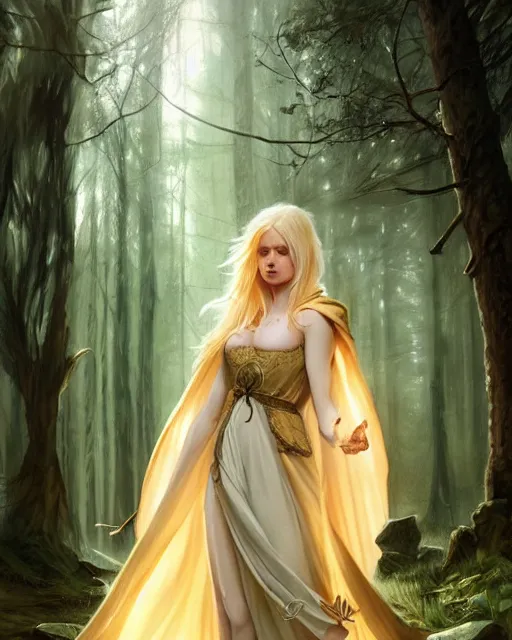 Image similar to blonde young mage casting a spell wearing a heavy cloak and chemise in the forest, fantasy character portrait, ultra realistic, intricate, elegant, highly detailed, digital painting, artstaion, smooth, sharp, focus, illustration, art by artgerm and greg rutkowski and alphonse mucha