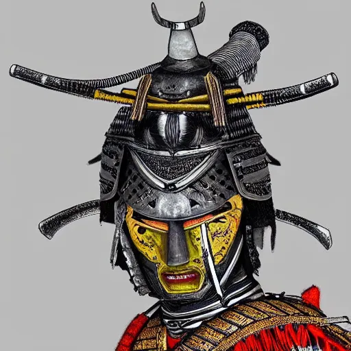 Prompt: highly detailed portrait of samurai warrior with oni demon mask armour