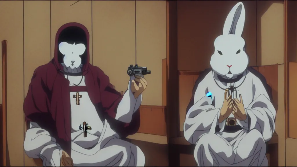 Image similar to a man wearing priest clothes and a white rabbit mask sitting in a confessional holding a pistol, anime film still from the an anime directed by Katsuhiro Otomo with art direction by Salvador Dalí, wide lens