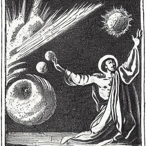 Image similar to engraving from flammarion showing a man leaving the medieval cosmo to enter the new modern universe