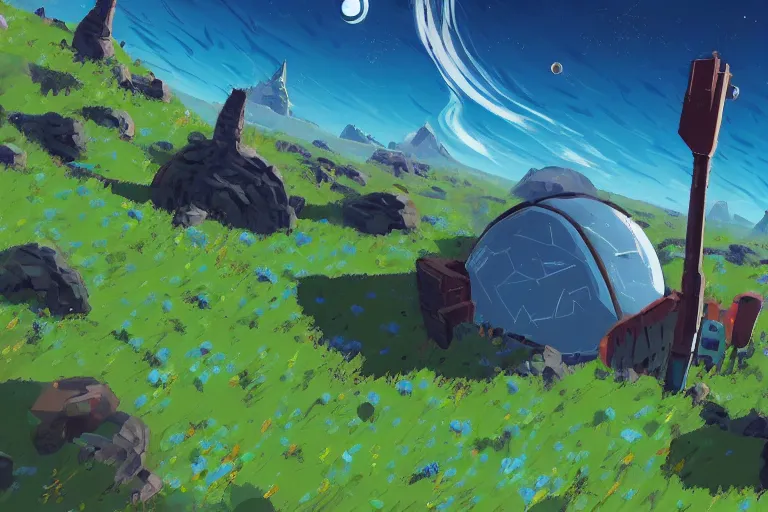 Image similar to computer game art, a small planet in the future, a Tinker's shack on a barren planet, wild berry vines, a berry farm, space junk, volcanoes, in the style of No Man's Sky and Breath of the Wild