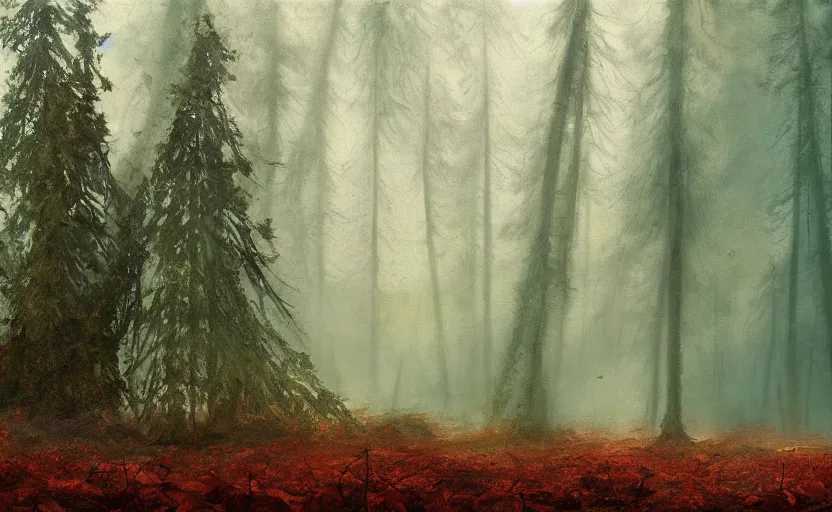 Image similar to an old big shipwreck in an autumn forest, green and red tones, by Aron Wiesenfeld and beksincki, cinematic, detailed illustration, nature, fog, dark colors, suspense, intricate, 8k