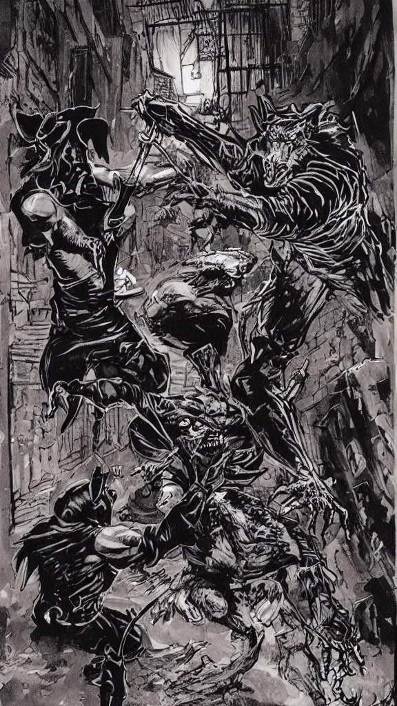 Image similar to a werewolf fighting a vampire in a dark brisbane alley, hd concept art by ron spencer and michael william kaluta, and dave rapoza, and richard borden.