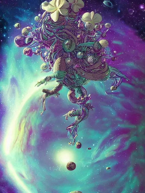 Prompt: round coconut spacerocket in beautiful vanilla orchids flowers galaxy cosmic nebula, epic, style of moebius, vincent di fate, michael whelan, mucha volumetric light, mega detailed, beautiful composition, beautiful lighting