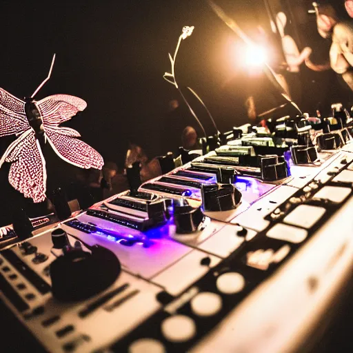 Image similar to A hd photo of a Dj playing his mixer in a rave with a lot of dragonflies around