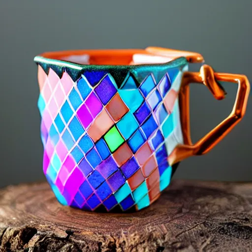 Prompt: brightly colored icosahedron triangle ceramic mug with iridescent glaze