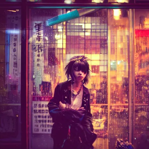 Prompt: somewhat zoomed in punk girl with destroying a store window on a rainy night in tokyo, hdr, vibrant colors, lifelike, soft light, hyperdetailed, photography, aesthetic, neon lights