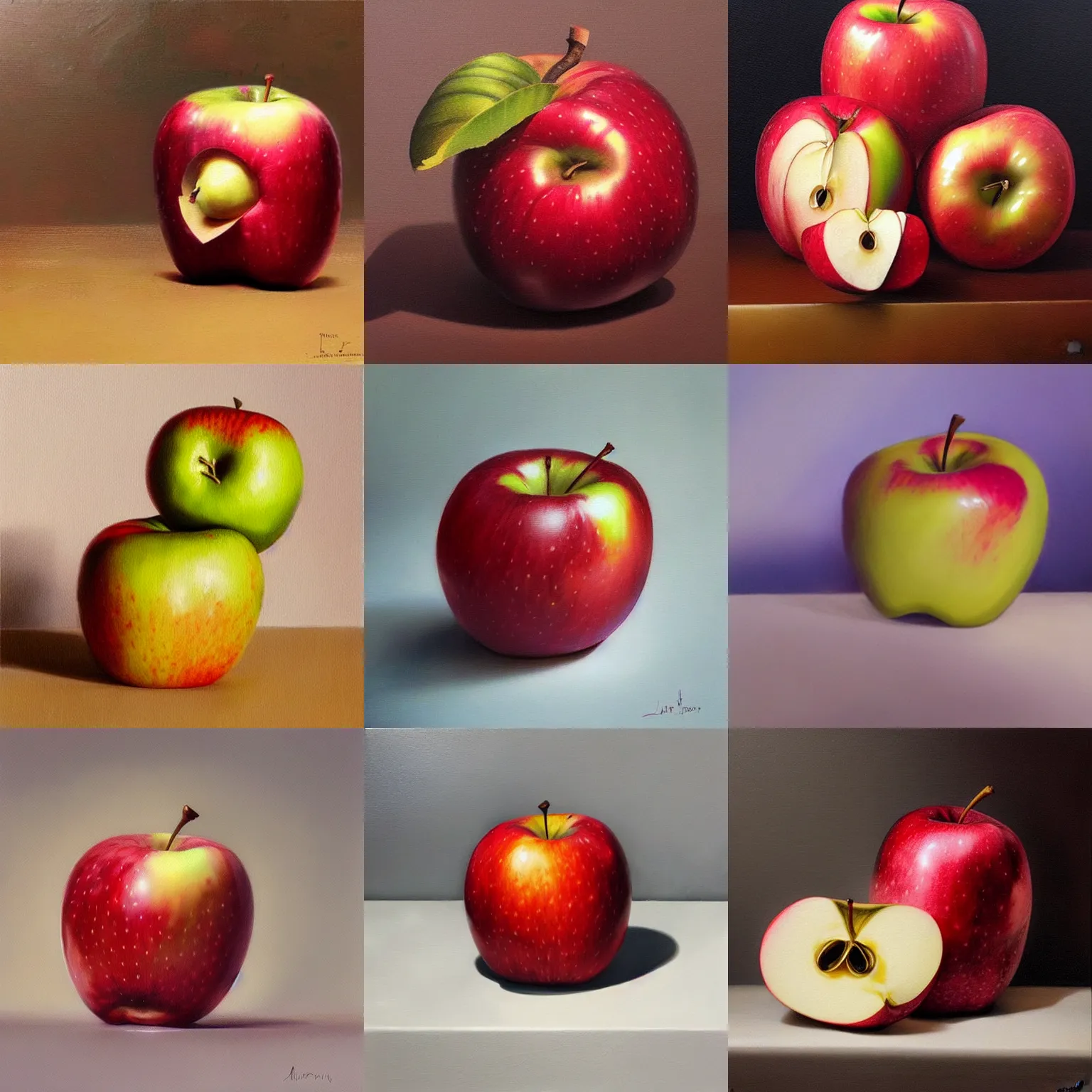 Prompt: a still life painting on an apple by artgerm, wlop, james jean, andrei riabovitchev,