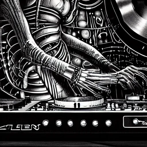 Image similar to an alien djing with a turntable in the style of HR giger. photo realistic. mechanical. futuristic. SL-1200. vinyl records