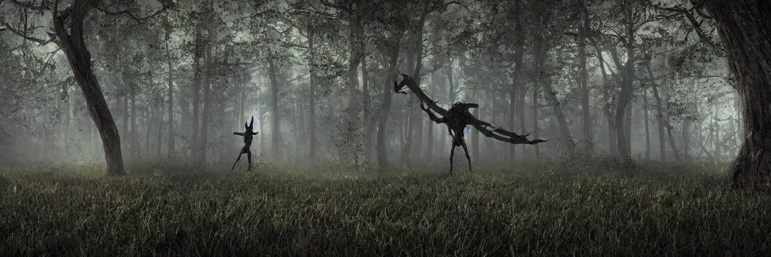 Image similar to super skinny scary creature coming out of the woods at night. intense lightning, scary details, super intense quality, high quality, HDR, 4K, 8K, 12K, octane render, cinema4d render, unreal engine 5 render, extremely high detail, photorealistic, hyperrealistic, cinematic lightning, cinematic, post processed, artstation