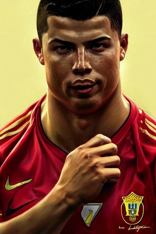 Prompt: ronaldo luis nazario da lima, football player, highly detailed, digital painting, artstation, concept art, smooth, sharp focus, illustration, art by artgerm and greg rutkowski and alphonse mucha