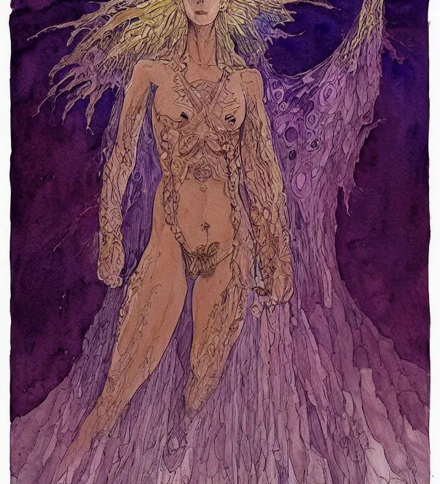 Image similar to a watercolor ink painting of the primordial eldritch goddess of natural - disasters in the style of jean giraud in the style of moebius trending on artstation deviantart pinterest detailed realistic hd 8 k high resolution