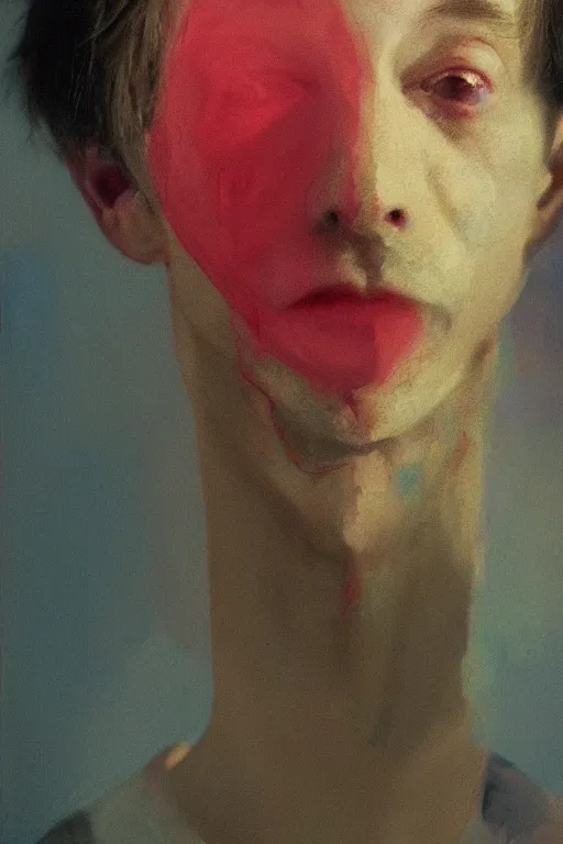 Image similar to todd solondz, a portrait of anorexic man, clear todd solondz face, dreaming of kissing a girl, sad and lonley, vivid colors, soft lighting, atmospheric, cinematic, moody, in the style of francis bacon and krenz cushart, oil on canvas, 8 k