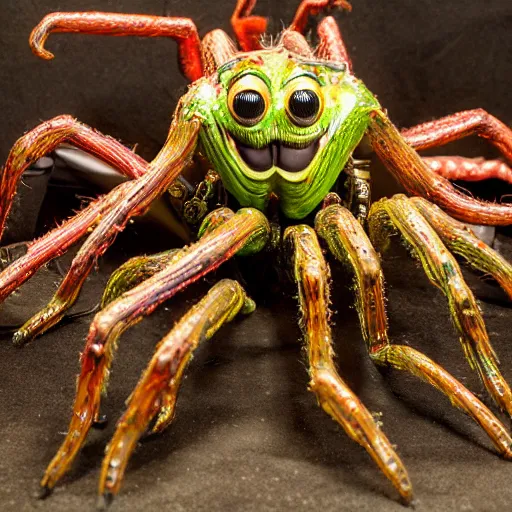 Image similar to photo taken of an epic intricate, ultra detailed, super realistic gritty, hero prop, exquisitely painted animatronic movie prop of a wet slimy grotesque nightmarish hellish arachnoid creature displayed in the workshop, created by weta workshop, full body shot, photorealistic, sharp focus