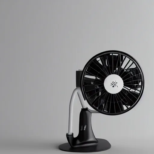 Image similar to desk fan with a tube attached to the back leading to the top of the room, professional photography, studio lighting