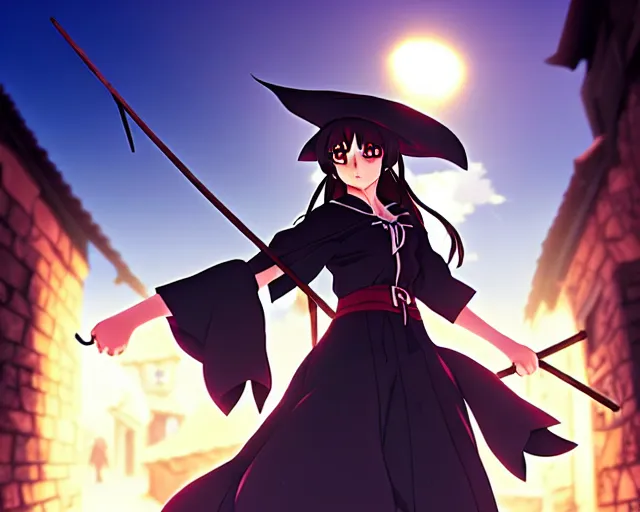 Prompt: key anime visual portrait of a young female witch walking through a busy medieval village, dynamic pose, dynamic perspective, cinematic, dramatic lighting, detailed silhouette, anime proportions, perfect anime face