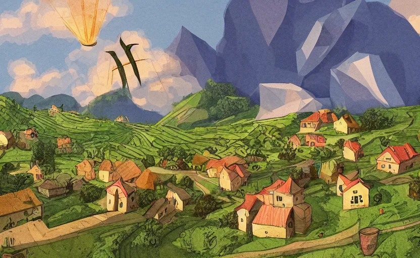 Image similar to a small village in a valley, villagers busy farming, a dragon approaching from a distance, storybook, gouache, flat, sharp edges, golden ratio, concept art, print