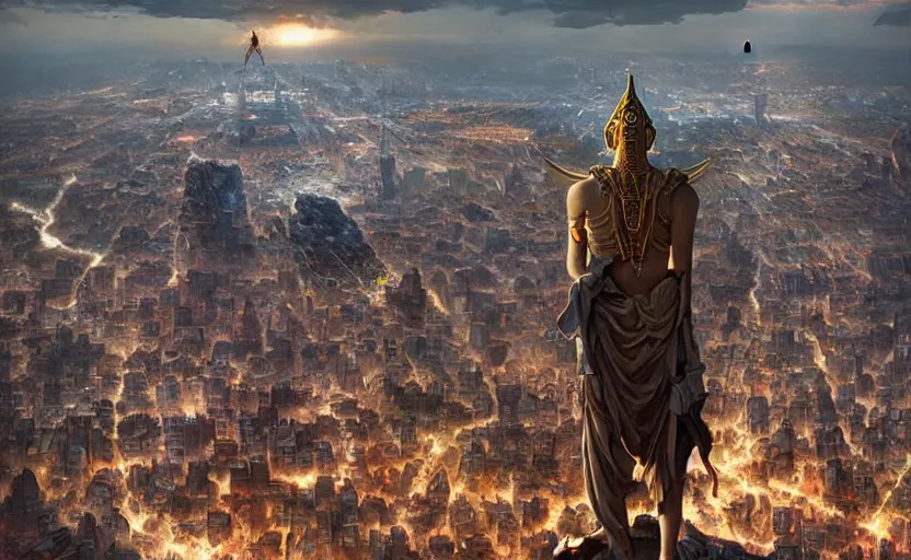 Image similar to giant statue of anunnaki god anu on top of a hill overlooking a cyberpunk city, hyperrealistic concept art, detailed, sharp focus, cgsociety, atmospheric lighting, art by artgerm and greg rutkowski and alphonse mucha