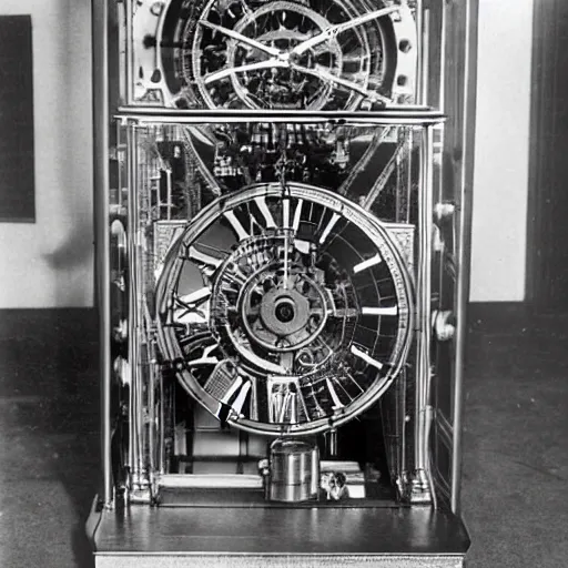 Prompt: albert einstein building intricate and complex clock time machine, vintage photograph