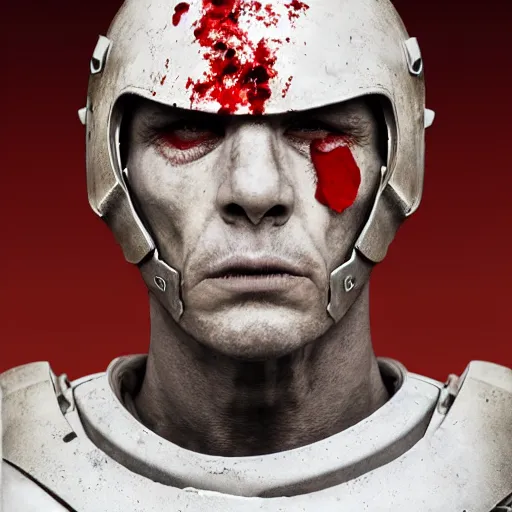 Prompt: portrait of a 5 0 year old soldier with vertical slits on his nose, angular eyebrows, wearing blood - spattered glossy sleek white dinged scuffed armor and a long torn red cape, heroic posture, battle - weary, strained expression, determined expression, no helmet, on the surface of mars, dramatic lighting, cinematic, sci - fi, hyperrealistic, detailed