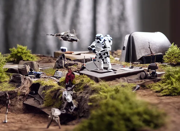 Image similar to a detailed photo of a realistic diorama with star wars toys, macro photography, zoom, model trees, table