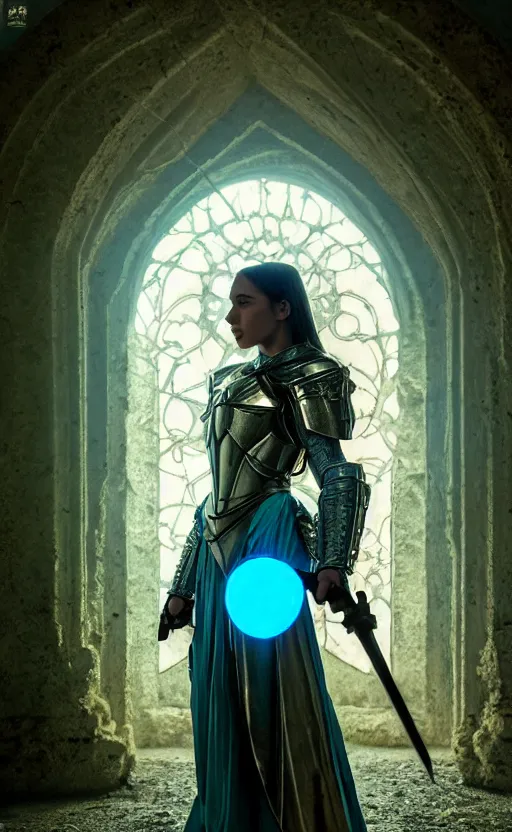 Image similar to angel, low key light, full plate armor with cloth, f 2. 8, bokeh, medium portrait, gentle, female, dark ruins, landscape, d & d, fantasy, intricate, elegant, highly detailed, teal white gold color palette, roger deakins, sharp focus, greg rutkowski and alphonse mucha