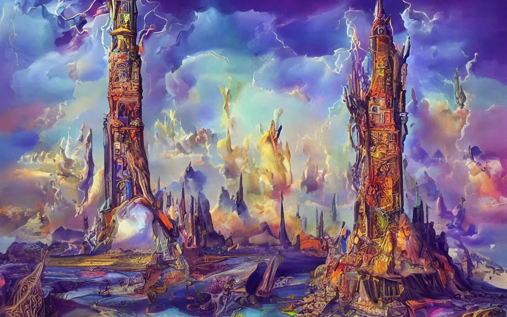 Prompt: one large on base majestic rectangular upright magic tower, thunders, highly detailed background, a dash of magic, vibrant color palette, trending on artstation, digital art, by salvador dali