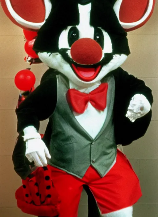 Image similar to Chuck E. Cheese mascot grainy 1980’s circus portrait of an anthropomorphic rat animatronic dressed like a clown, professional portrait HD, mouse, Chuck E. Cheese head, authentic, mouse, costume weird creepy, off putting, nightmare fuel, Chuck E. Cheese