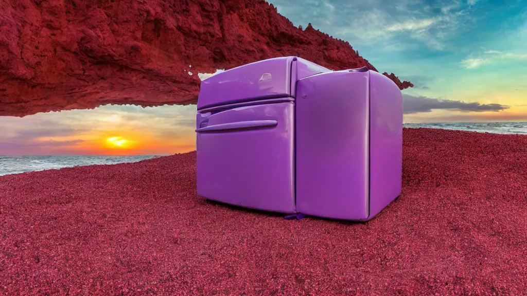 Image similar to purple refrigerator, red sand beach, green ocean, nebula sunset