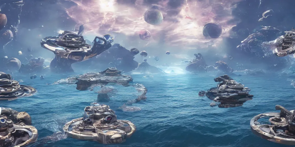 Prompt: a view from a boat of clusters of housecrafts floating on a beautiful ocean, fusion of subnautica and star trek, by noriyoshi ohrai, beautifully detailed 4 k octane render, 4 k post processing