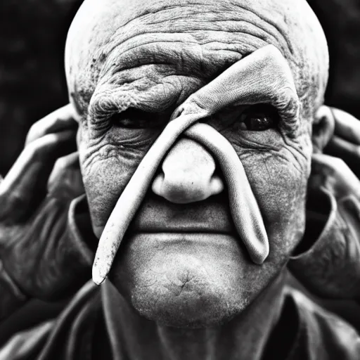 Image similar to a black and white portrait photo of an old cyclop man, very detailed, high contrast