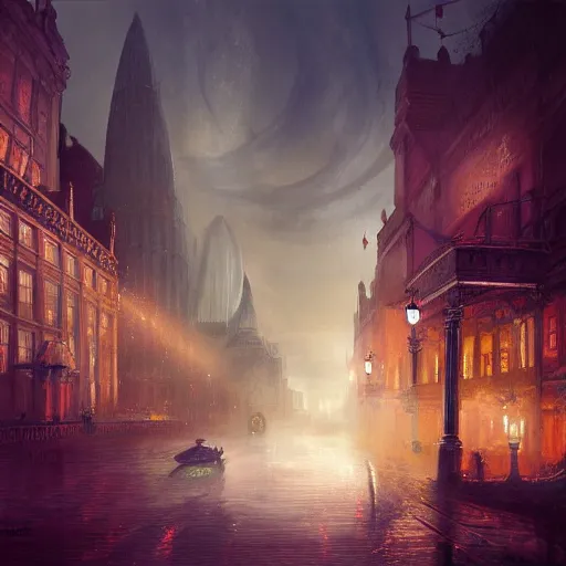 Image similar to 1850's London, dreamscape, dramatic lighting, fantasy art illustration, trending on artstation, Aetherpunk