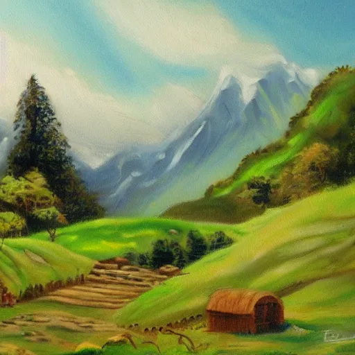 Image similar to landscape painting of bag - end, tolkein, painting by bob ross