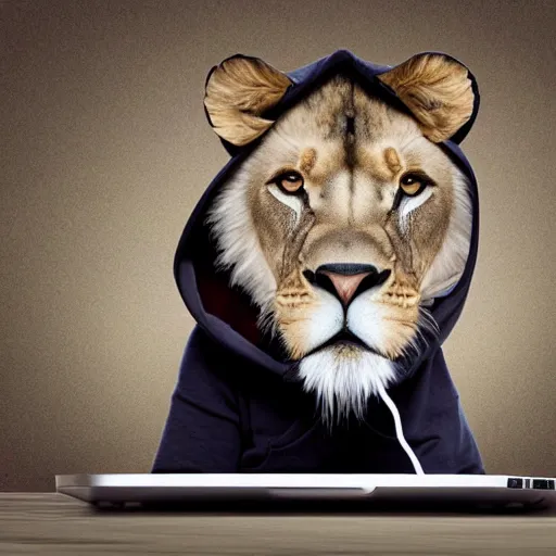 Image similar to Photograph of a lion in a hoodie hacking on a laptop