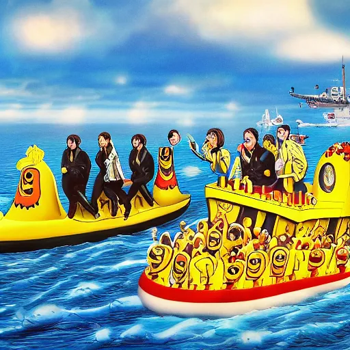 Image similar to The Beatles Yellow Submarine, hyper realistic, HD, HQ, photo realistic