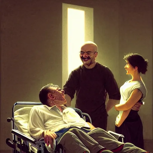 Image similar to a male patient in a wheelchair in the hospital with his wife and son standing by. happy, cheerful, smiling, intricate, face enhance, sharp focus, cinematic lighting, featured in artistation, 8 k, art by greg rutkowski, william adolphe bouguereau