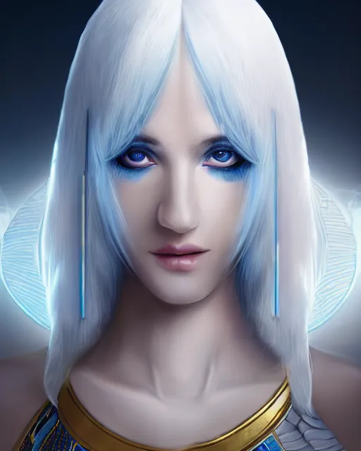 Image similar to perfect white - haired attractive egyptian goddess with large white dove wings, android body, beautiful, symmetric, dreamy, pretty face, blue eyes, detailed, scifi platform, laboratory, experiment, 4 k, ultra realistic, epic lighting, illuminated, cinematic, masterpiece, art by akihito tsukushi, voidstar