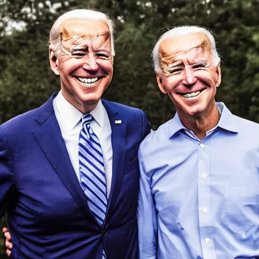 Image similar to A portrait photo of joe biden teams up with a teenage joe biden, perfect faces, 50 mm, award winning photography