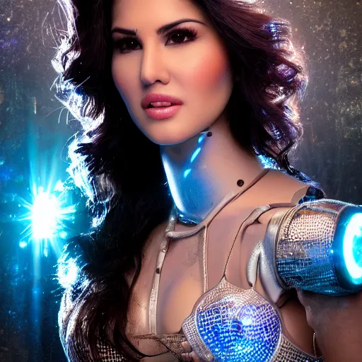 Prompt: beautiful centered Fine art photo portrait of Sunny Leone as a solarpunk robotic humanoid, crystal mechanical parts with led lights, photorealistic, white background, highly detailed and intricate, outdoor lighting, HDR 8k