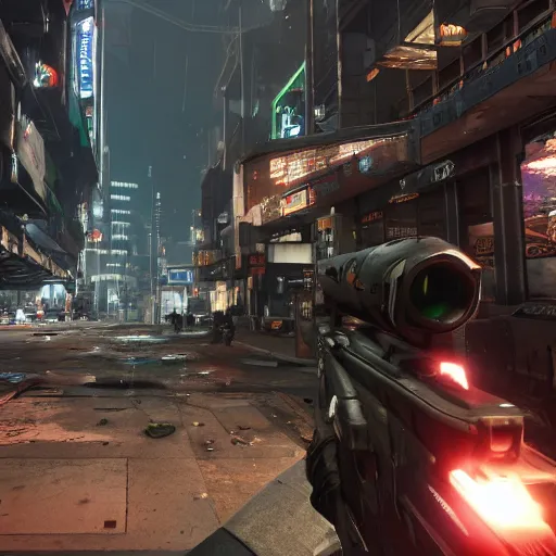 Prompt: futuristic call of duty game set in a cyberpunk city, ps 5, 8 k