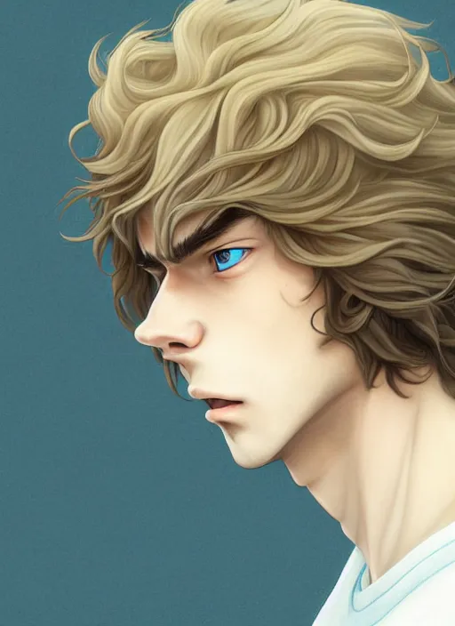 Image similar to young man with medium - length, curly, golden hair, sorrow, perfectly proportioned face, aquamarine eyes, natural lighting, path traced, highly detailed, high quality, cartoon, digital painting, by new haicheng and studio ghibli