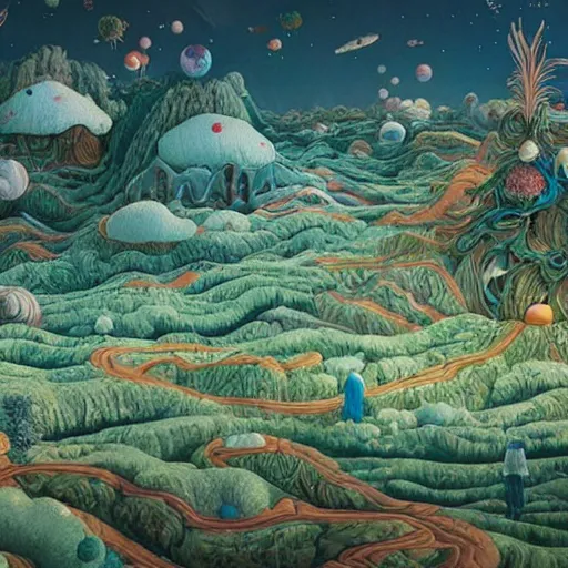 Prompt: inflatable landscape with forest, river and mountains floating swarm of presents dreams and wishes , concept art, huge scale, high detail, sci fi by James Jean