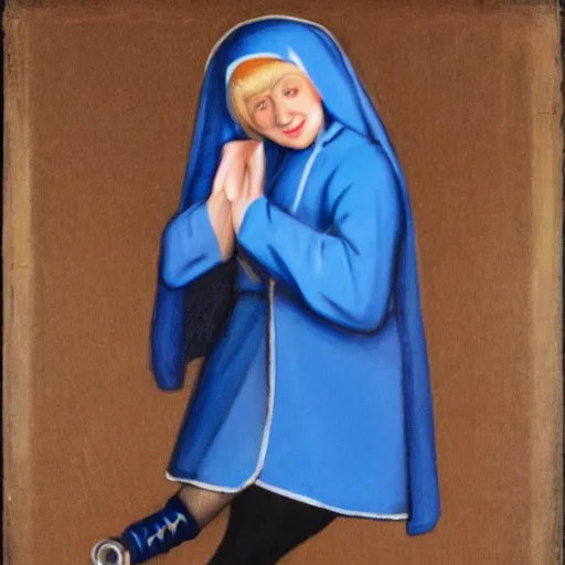 Image similar to blonde nun in blue clothes on roller skates, photorealistic, baroque style