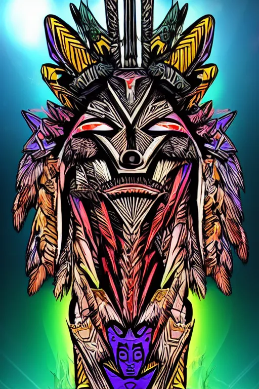 Prompt: totem animal tribal chaman vodoo mask feather gemstone plant video game illustration vivid color borderlands and by feng zhu radiating a glowing aura