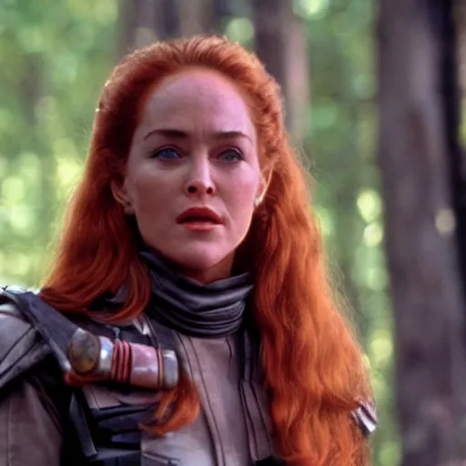 Image similar to movie still of cute young sharon stone as bounty hunter mara jade on the forested mountain planet wayland in star wars episode vii : heir to the empire ( 1 9 9 1 ) ; bare arms ; leather