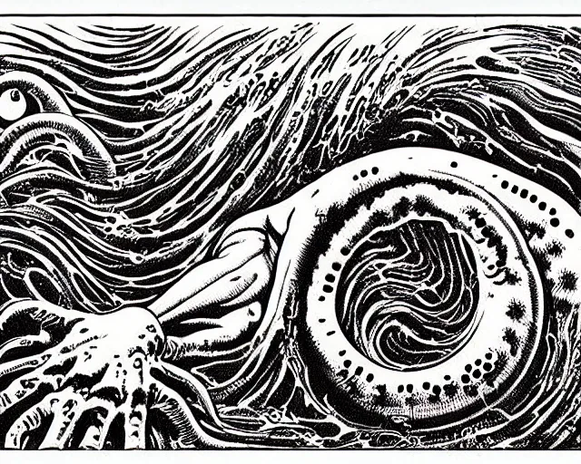 Image similar to h. p. lovecraft swimming in the ocean depths, cosmic horror painting, elegant intricate digital painting artstation concept art by basil wolverton by robert crumb by william eggleston detailed